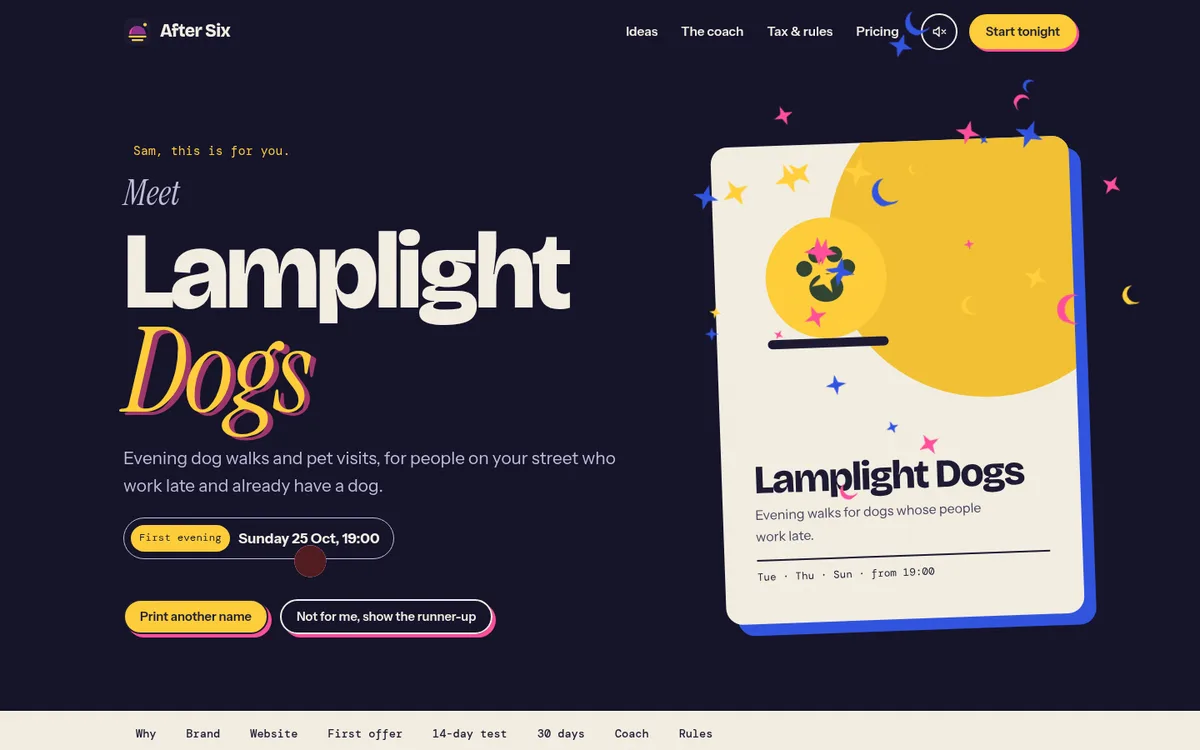 Screenshot of the After Six reveal: the business name Lamplight Dogs printed on a riso poster
