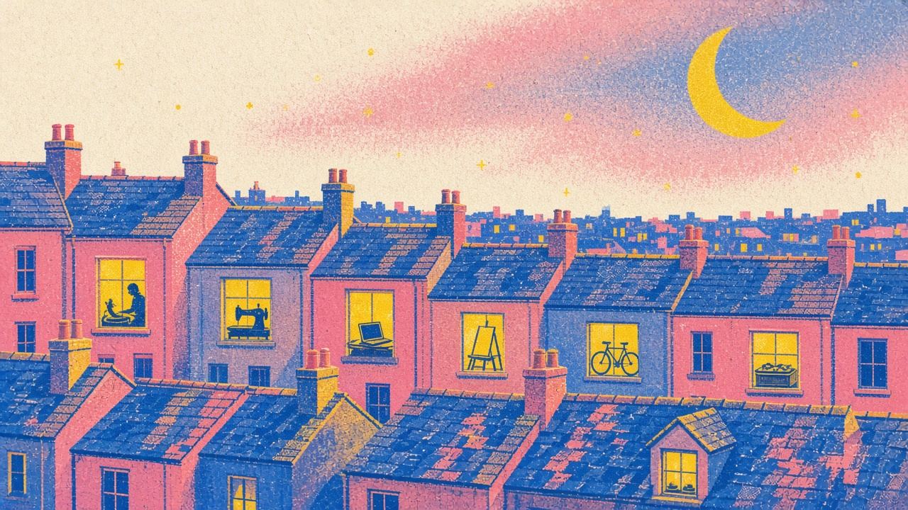 A riso print of a terrace at dusk. Lit windows show a potter, a sewing machine, a laptop, an easel, a bike and someone baking.